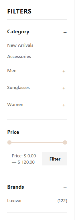 Luxivia shop filters: category tree, price slider and brands