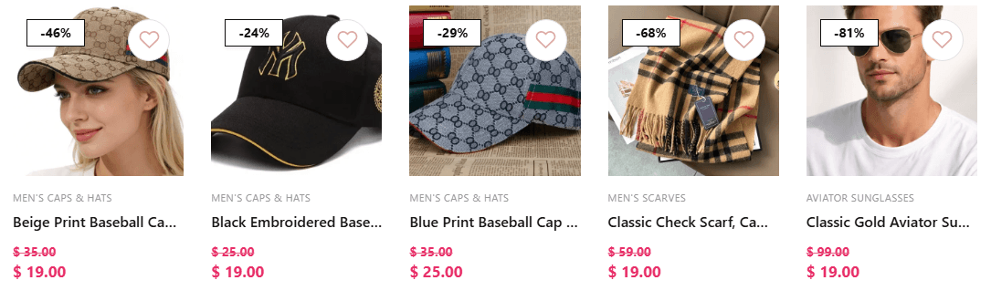Luxivia product grid with sale badges and wishlist hearts