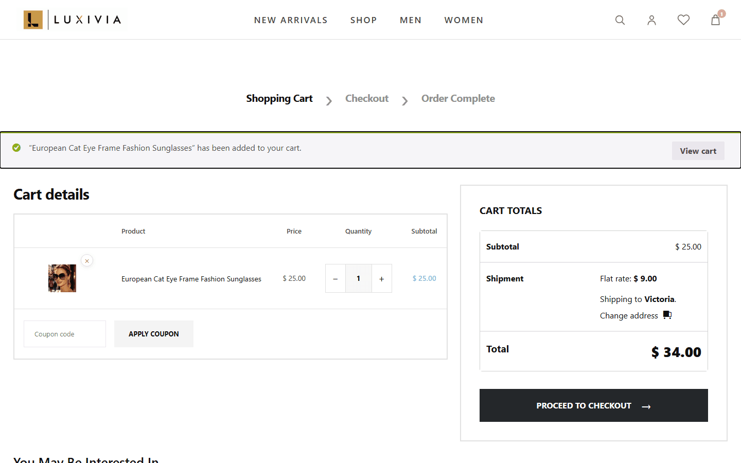 Luxivia cart page with step indicator and cart totals