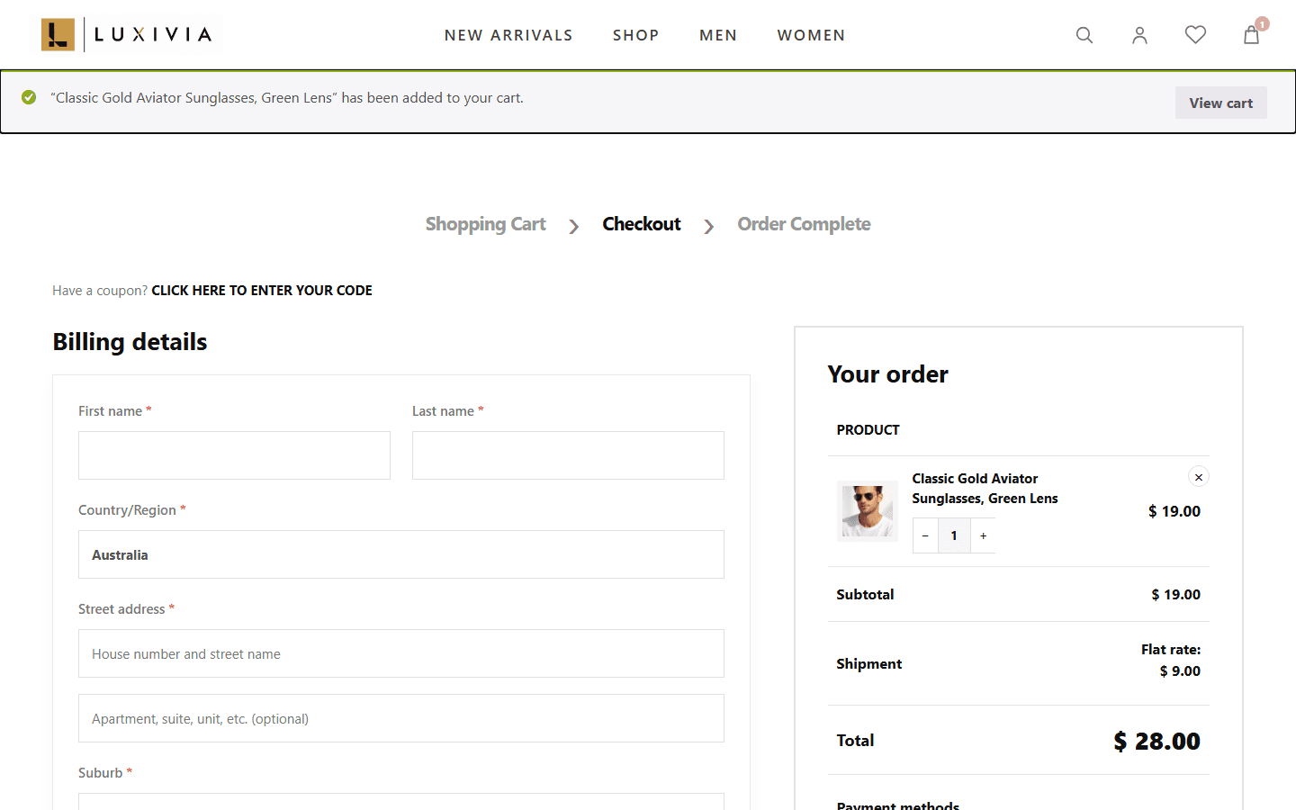 Luxivia two-column checkout with billing details and order summary