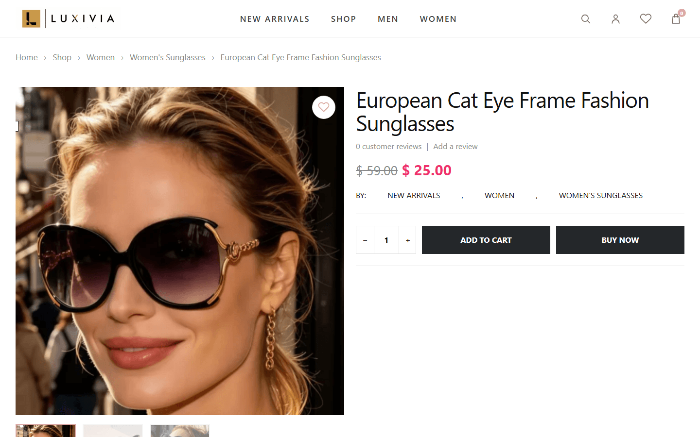 Luxivia product page with gallery, sale price, Add to cart and Buy Now