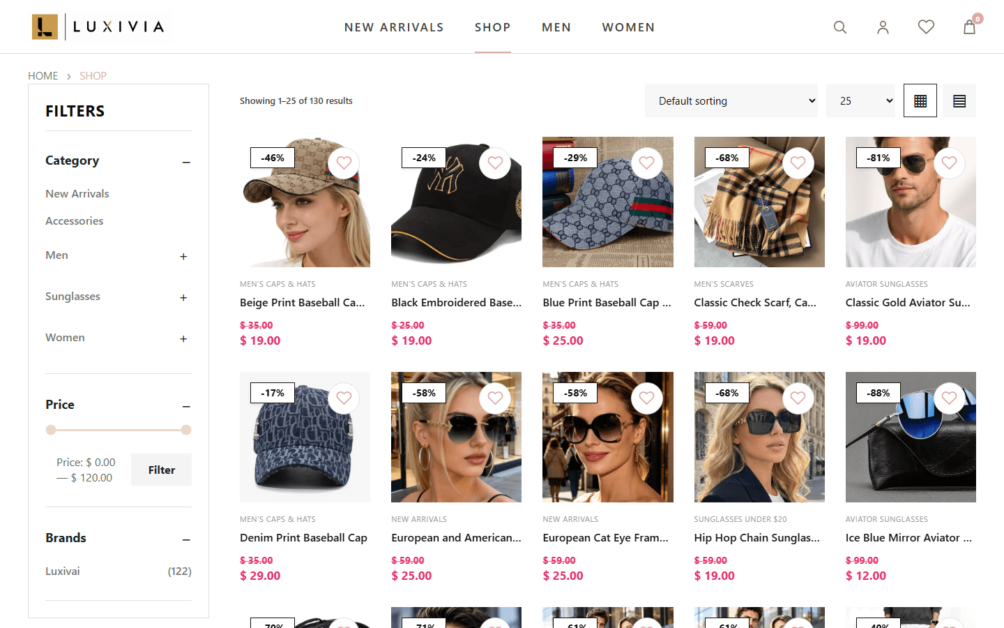 Luxivia shop page with category tree, price and brand filters and product grid
