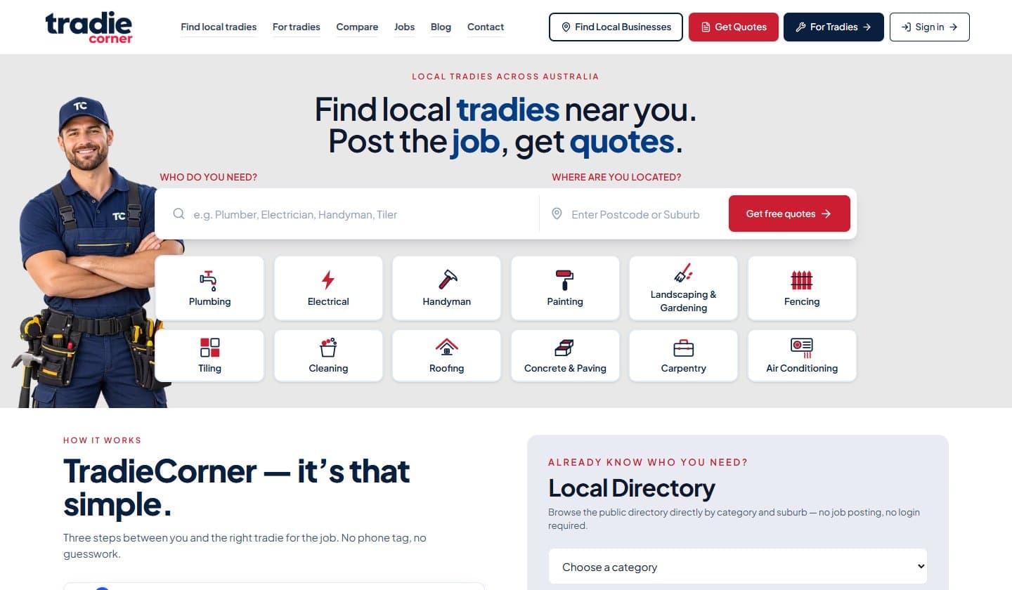 TradieCorner home page — find local tradies, post a job, get quotes
