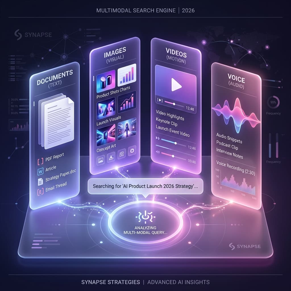 Professional illustration of the four pillars of Multi-Modal SEO: Text, Image, Video, and Voice